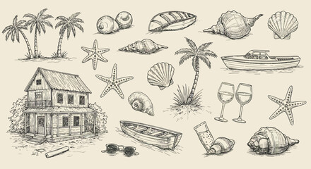 Tropical beach sketch collection with seaside elements and nautical accents