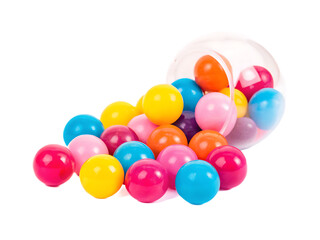 Assorted Colorful Gumballs Spilling From Container On White Background candy sweet isolated on a transparent background