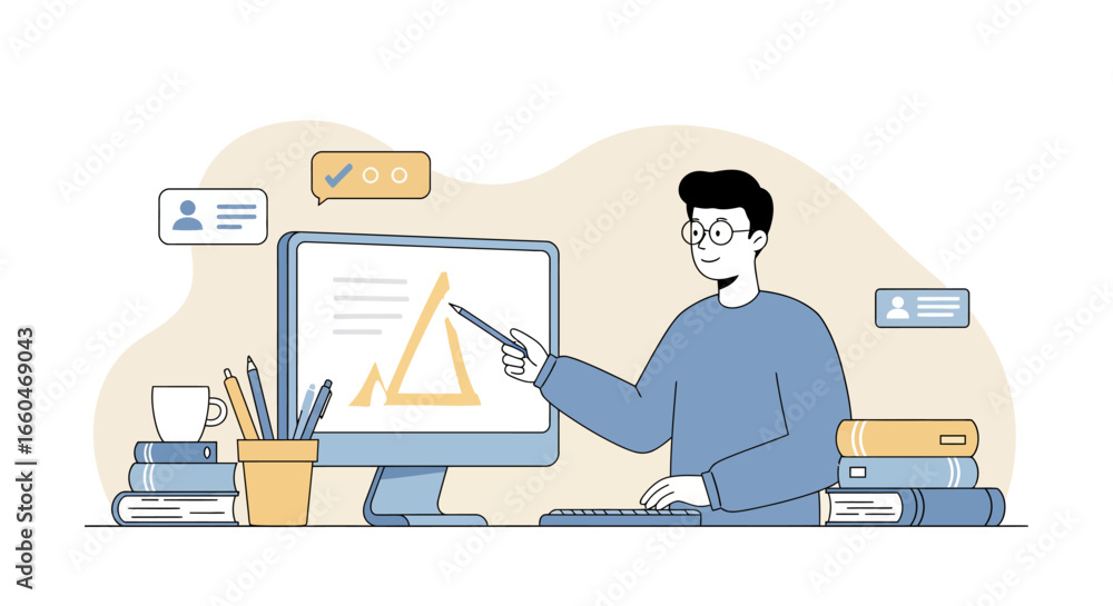 Aufkleber animated workspace: man engaging with computer in modern office setting