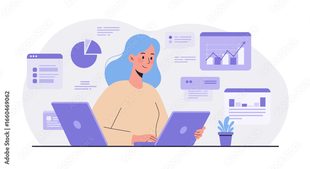 Poster woman analyzing data on laptops with graphs and charts in background