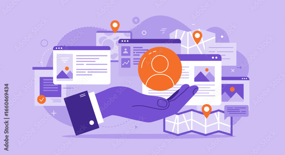 Poster digital marketing and data management concept with hand and user icons
