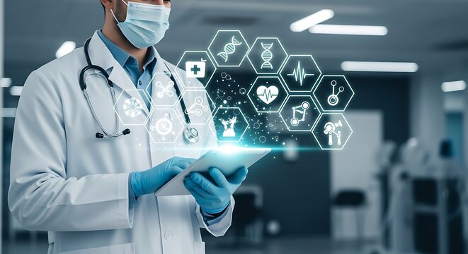 Masked medical worker interacts with digital health icons on a tablet in a clinical setting