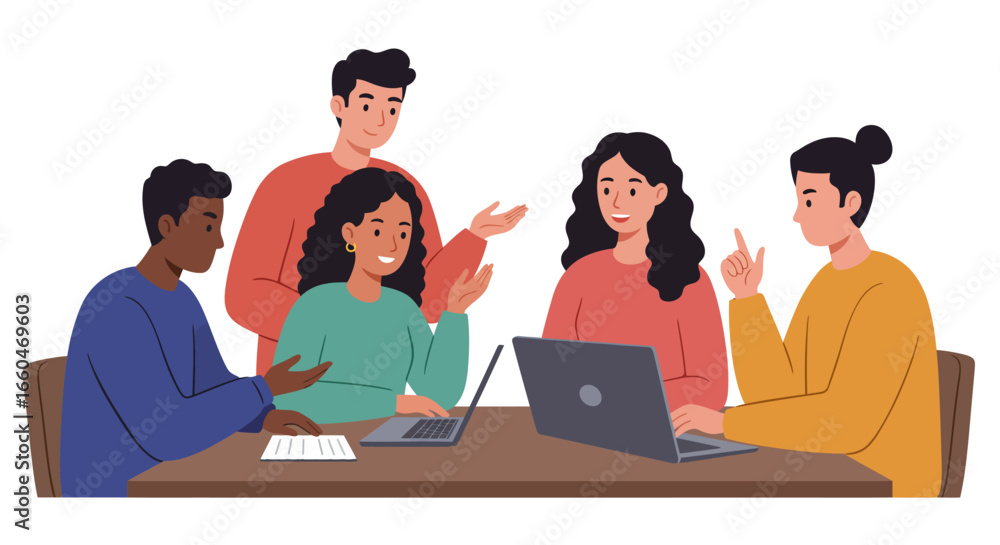 Poster diverse team collaborating at a desk with laptops in modern flat design