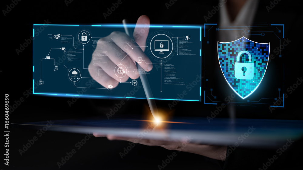 Poster cyber security protects against breaches, hacks, and network attacks using strong infrastructure and
