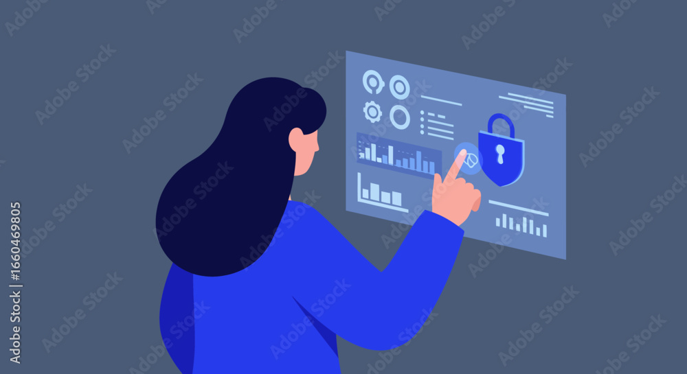 Poster futuristic user interface interaction with digital security lock in minimalist design