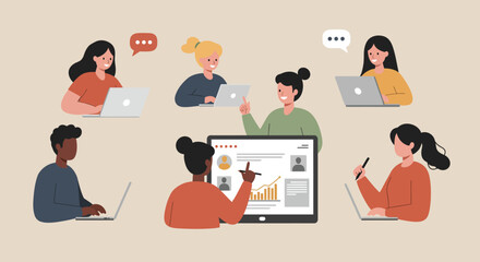 Diverse team collaboration with laptops and data presentation in a minimalist workspace