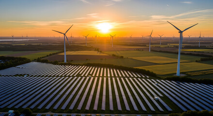 Wind turbines and solar panels at sunset, renewable energy farm