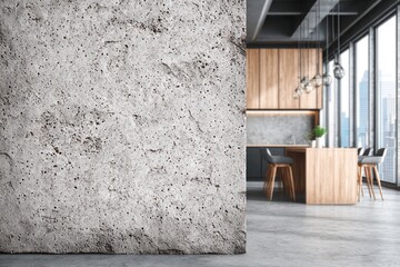 Textured concrete wall in a modern kitchen interior.