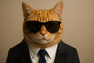Cat wearing suit sunglasses business portrait concept funny, confident orange tabby dressed as professional executive with tie and glasses, corporate humor idea, leadership success metaphor, modern of