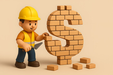 Construction worker building dollar sign symbol with bricks financial concept investment growth savings economy business banking wealth money builder cartoon illustration creative design economic deve