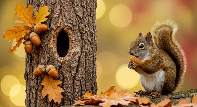 A cute squirrel on a tree branch collects winter supplies in the form of acorns against the background of an autumn forest - Powered by Adobe