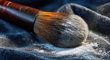 Close-up of a makeup brush dusted with powder.