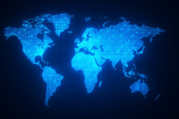 Digital glowing blue world map, futuristic global network technology background, cyber data connection concept, international communication illustration, worldwide internet security system visualizati