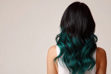 Naklejka premium A woman's wavy hair, styled with a teal ombre, showcased against a neutral background.