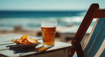Relaxing seaside scene with a glass of beer and chips on a table next to a beach chair, capturing a casual, carefree summer vibe by the coast.