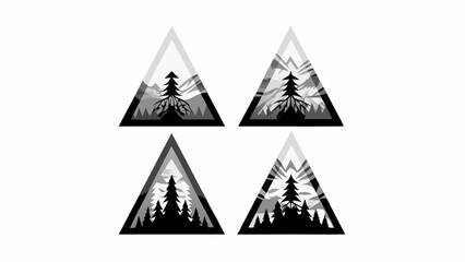 Fototapeta premium Four triangular designs showcasing nature scenes with trees and mountains in a grayscale color palette art silhouette