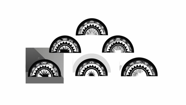 Arrangement of seven decorative black and white arches with sunburst patterns and gray background shape effect silhouette