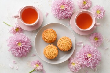 Celebrating mid-autumn festival with mooncakes, tea, and flowers