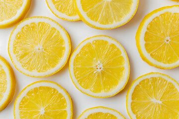 Fototapeta premium Fresh lemon slices arranged on white background, perfect for healthy eating designs