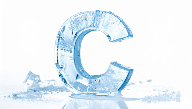 Letter C made of ice isolated on white backdrop. Frozen alphabet symbol. Shiny icy edges