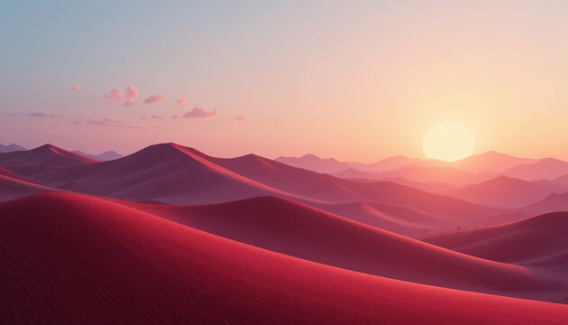 Red surreal desert dunes with glowing sunset horizon, dreamy landscape, abstract sand waves, artistic background, imaginative colorful natural scenery