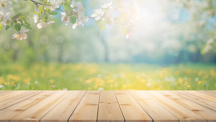 A serene spring landscape with a blooming tree, green meadow, and a wooden table.

