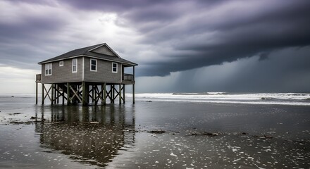 Coastal house during a stormy weather event.