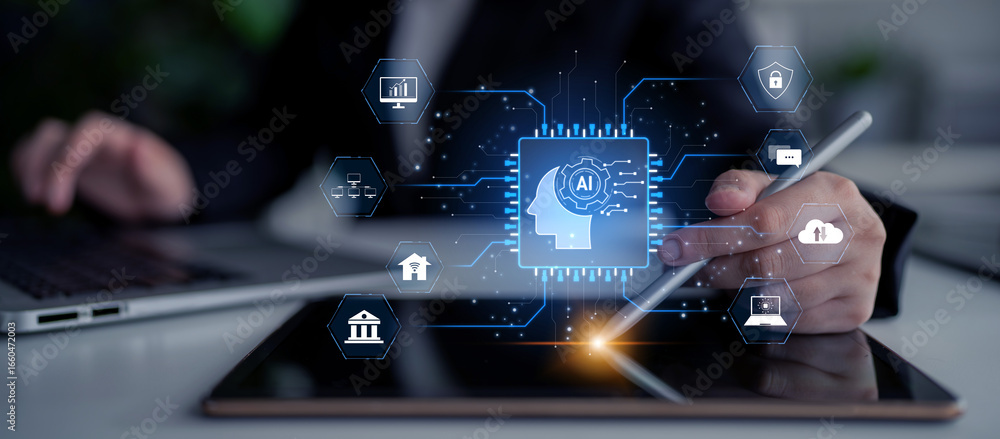Poster ai system integration connects ai, system, and integration across digital networks to enhance servic