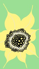 Elegant pastel yellow flower with long petals on pistachio green background, playful and cute abstract botanical illustration.