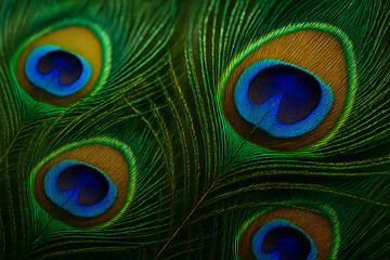 Obraz premium Peacock feather close up macro, vibrant colorful eye pattern with green and blue iridescent plumage, exotic bird detail nature texture, wildlife abstract background, decorative natural design beauty c