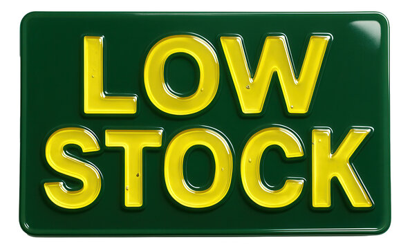 Glossy green tag sticker featuring LOW STOCK alert in vibrant yellow text, essential retail discount promotion on transparent background.
