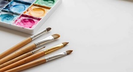 Obraz premium Creative Workspace Featuring Soft Watercolor Gradients and Essential Painting Tools