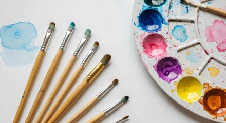 Obraz premium Fine Art Setup with Mixed Pigments, Sketchbook, and Watercolor Brushes Arrangement