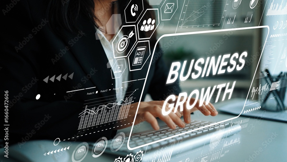 Poster business growth concept with graphic elements and technology in professional environment. asymptotic