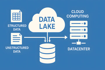 Data lake architecture diagram showing structured unstructured cloud storage workflow, big data analytics system with datacenter integration, enterprise information management concept, scalable comput