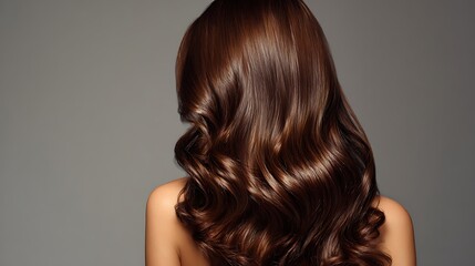 Naklejka premium Nice photo of captivating back view of a woman's long, flowing brown hair styled in perfect, shiny waves. Ideal for showcasing hair care, beauty, salon, or styling themes.