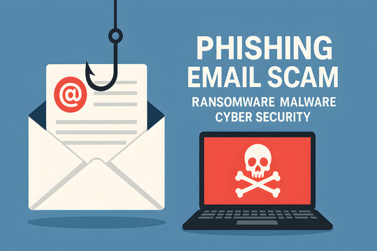Phishing email scam cyber security concept warning illustration, hacker attack message stealing data through fake email link, ransomware malware threat, online fraud awareness, digital privacy protect - Powered by Adobe