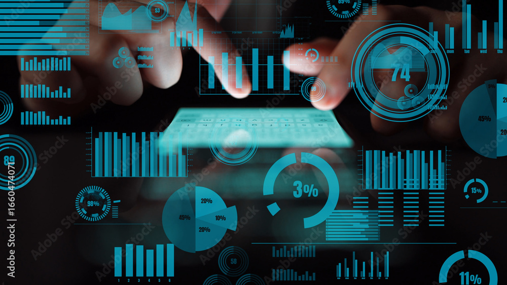 Aufkleber hands interact with a digital tablet displaying vibrant graphs and charts, symbolizing modern data a