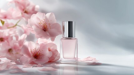 Elegant perfume bottle surrounded by delicate pink cherry blossoms.
