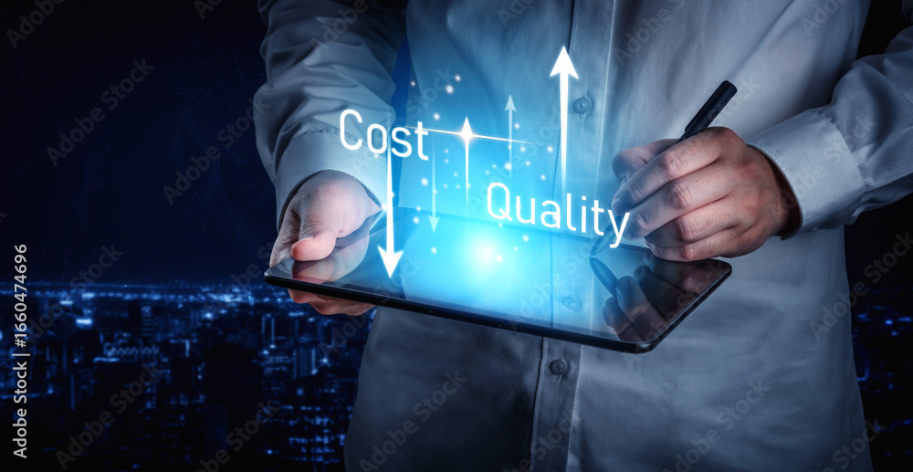 Aufkleber increase quality and reduce cost represent quality, cost, and performance optimization for business 