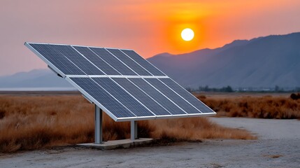 Solar Panel Array During Sunset with Mountain Background in Vibrant Orange and Pink Sky Over Desert Landscape