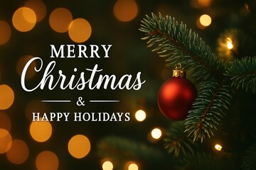  A holiday card with the words "Merry Christmas" and "Happy holidays". A branch of a Christmas tree with a red ball and unfocused lights.