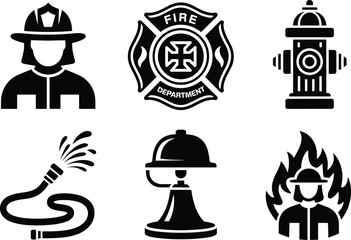 Firefighter icon set – emergency service symbols, fire department equipment, and rescue illustrations in black vector