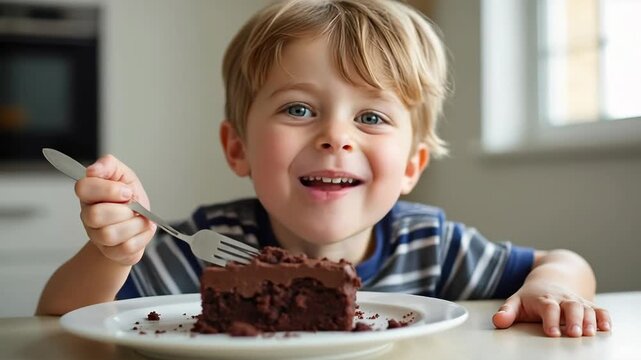 Cheerful boy eats a forkful of rich chocolate cake at a kitchen table, soft daylight, clean cozy scene.
