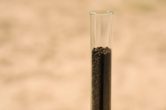 Soil sample in transparent glass test tube, agricultural science analysis of earth quality for farming and environment, laboratory experiment on ground texture, fertility research, crop growth and soi