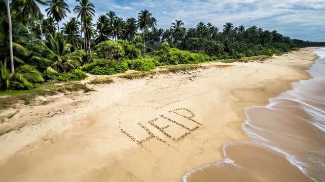Aerial view of lettering HELP on sand beach, sign made by shipwreck survivor on uninhabited island in ocean, theme of sos and lost 