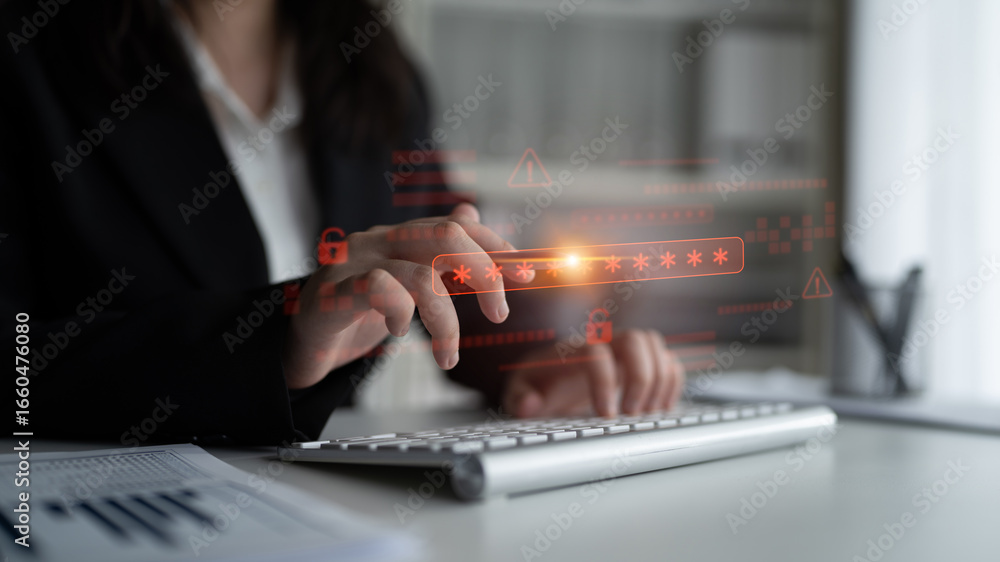 Poster password security breach warning with red asterisk box, cybersecurity alert, lock icons, and critica