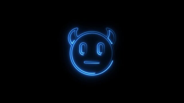 Neon Blue Devil Emoji Icon Glowing on Black Background Abstract Digital Art