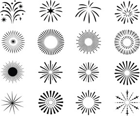Set of black and white fireworks and firecracker icons in silhouette style
