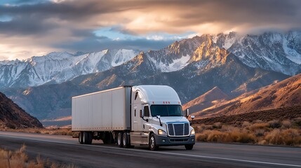 Nice photo of stunning image of stunning image of white cargo truck with a white blank empty trailer for ad on a highway road in the united states. beautiful nature.
